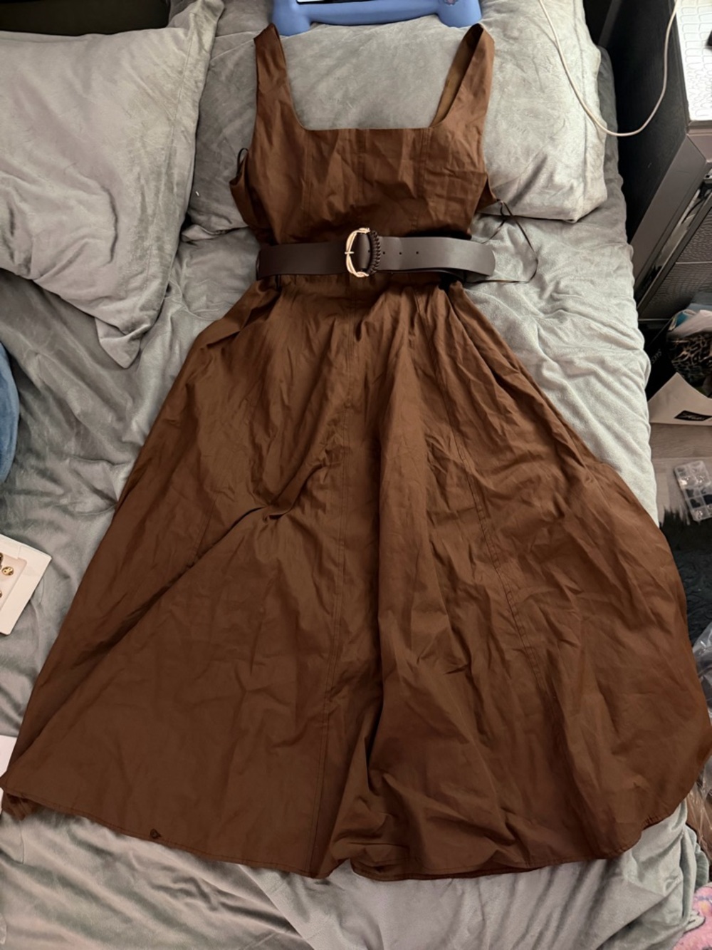 Zara Chocolate Brown Square-Neck Midi Dress with Belt - Picture 3 of 5